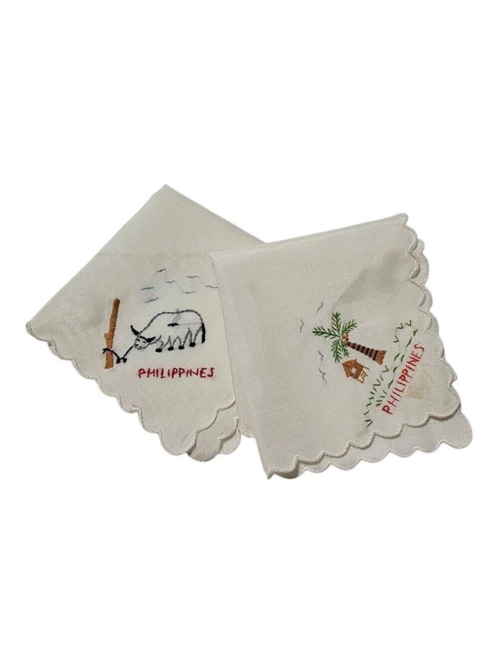 Vintage Handkerchief Hankie Philippines Stitched Straw Hut Bull Ox Palm Tree